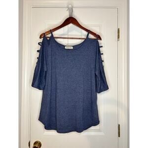 iGENJUN Cold Shoulder Top Womens Large Blue Cutout Sleeve Casual Shirt